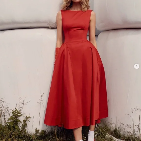 NWT Helsa Stretch Cotton Sateen Midi Dress - Red Lipstick - Picture 4 of 10